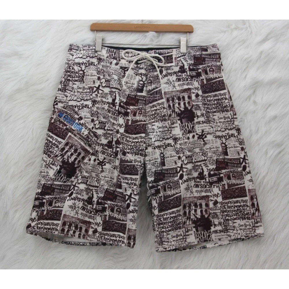 Zoo York VTG Y2K Graffiti Print Black/White Board Shorts Swim Trunks Sz 34